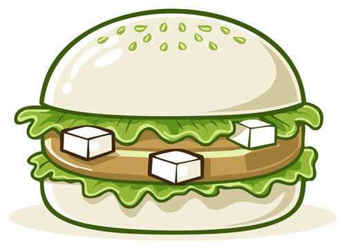 Cartoon tofu burger with lettuce in a steamed bao bun vector illustration