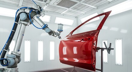 Automated Robotic Arm Painting Red Car Door in Modern Factory.