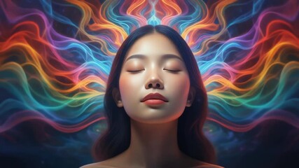 Energy visualization shows colorful waves emanating from a woman's head with closed eyes, suggesting meditation, mindfulness, or psychic abilities