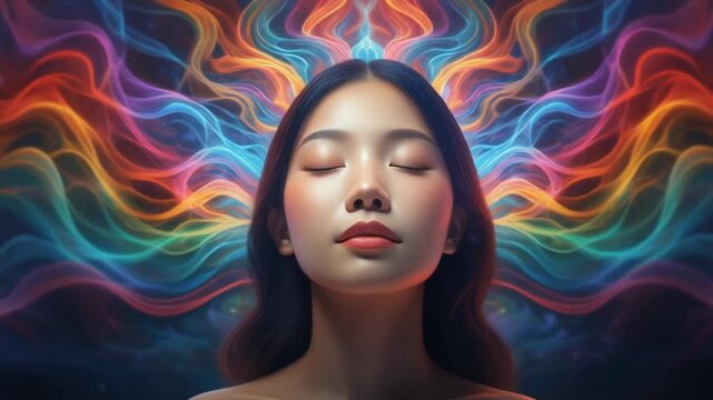 Energy visualization shows colorful waves emanating from a woman's head with closed eyes, suggesting meditation, mindfulness, or psychic abilities
