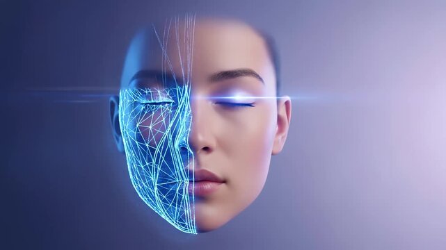Woman with digital wireframe transforming from right to left half of face. Artificial intelligence and data science concept.