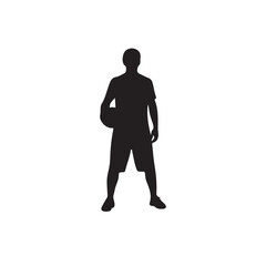 Obraz premium A striking black silhouette of a male basketball player standing confidently with a basketball, embodying the spirit of sport, athleticism, and competitive play, isolated on