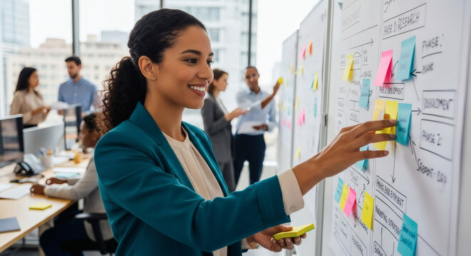 Dynamic businesswoman brainstorming ideas on whiteboard with sticky notes, teamwork and collaboration in modern office, strategic planning session