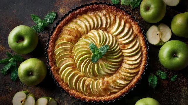 Top View of a Delicious Apple Tart with Sliced Apples Arranged in a Spiral Pattern Decorated with Fresh Mint Leaves on a Dark Textured Background Surrounded by Whole Green Apples
