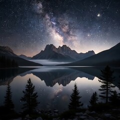 Milky Way Reflection over Calm Lake in Mountain Landscape.