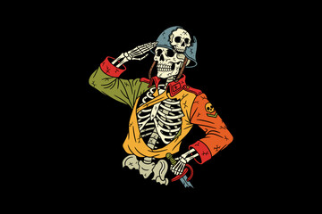 Skeleton soldier in uniform saluting with skull on helmet.