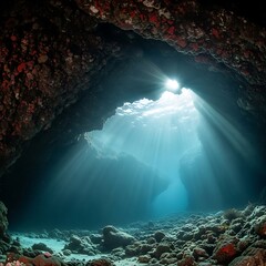 Obraz premium Underwater Cave with Sunbeams - A Glimpse into the Deep Blue.