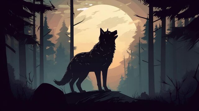 wolf silhouette in forest full moon at night illustrated animation