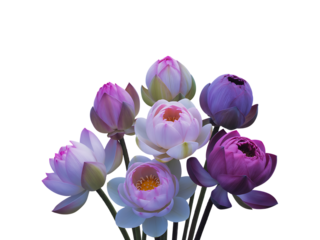 Assortment of Pink and Purple Lotus Flowers bloom blossom isolated on a transparent background