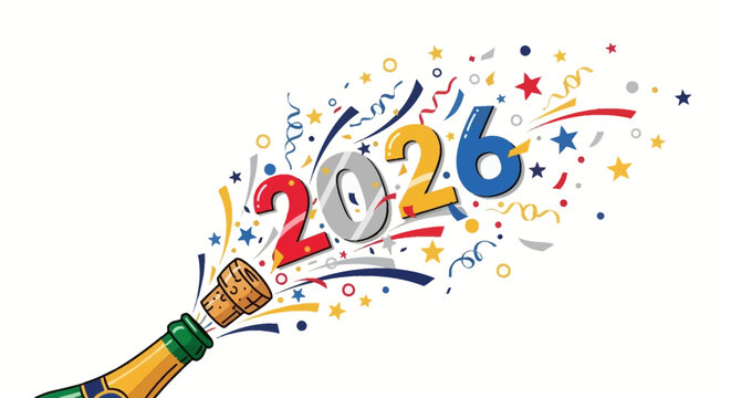 Popping champagne to celebrate 2026 New Year with confetti and stars