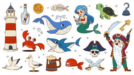 Cartoon groovy pirate and mermaid characters, corsair objects and sea animals. Vector retro groovy pirate captain, treasure map and gold coin, corsair sailor skull, sword, gun, hat and bandana