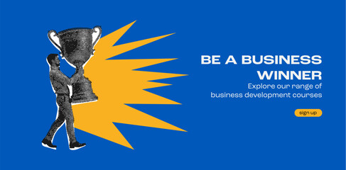 Stylized halftone graphic of a business winner holding a large trophy cup representing success