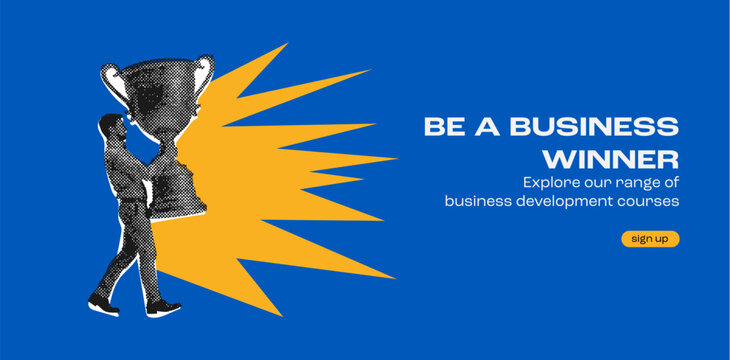 Stylized halftone graphic of a business winner holding a large trophy cup representing success