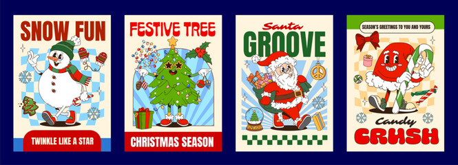 Obraz premium Christmas winter groovy hippie characters vintage xmas posters. Vector retro holiday cartoon snowman, Christmas tree and Santa hat y2k mascots, surrounded by seasonal gifts, snowflakes and lights