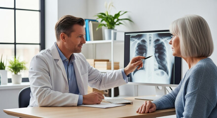Compassionate doctor reviews X-ray results with senior patient, providing reassurance and expert medical advice in modern office setting, professional consultation