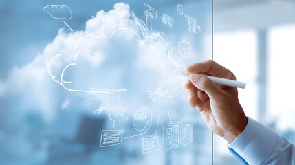 Hand drawing cloud computing diagram on glass with stylus image