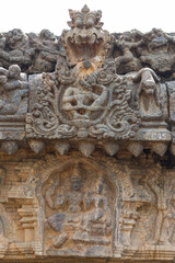 India, Karnataka, Chamarajanagar, Beautiful Intricate Carvings of Lord Vishnu With Lakshmi and Kirtimukha on the Top, Ancient Shri Gaurishvara Temple of Yelandur, The 15th Century Lord Shiva Temple.