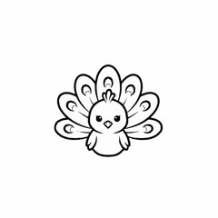 Adorable baby peacock character for a coloring book page.