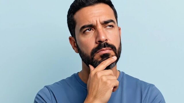 Animated stock footage of a handsome bearded man looking up to the side showing deep concentration or doubt with his hand on his chin in a classic thoughtful gesture