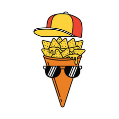 Nacho Chip Character with Melted Cheese, Cap, and Sunglasses. Summer Food Vector Art.eps