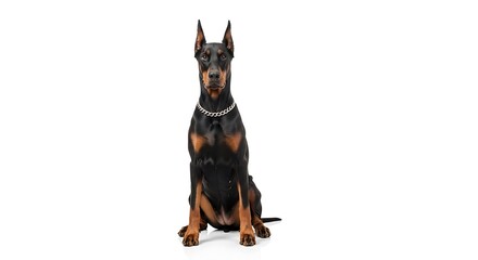 Elegant Doberman Pinscher Sitting Attentively on White Background.