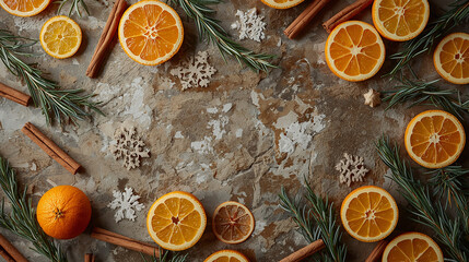 Christmas Background with Sliced Oranges, Cinnamon Sticks, Rosemary, and Handmade Snowflakes: Holiday Spice Theme