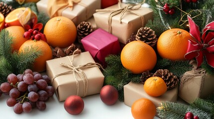 Fresh oranges arranged in a wooden bowl surrounded by festive decorations and gifts, creating a warm holiday atmosphere with vibrant colors