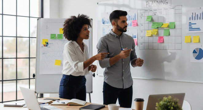 Dynamic team planning strategy on whiteboard in modern office, diverse colleagues collaborating for success, growth focused brainstorming session with insights