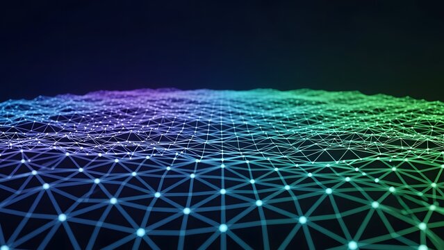 Abstract Digital Network Mesh with Colorful Gradient perfect for website banner, tech presentation, digital advertising, software UI background, blog header,