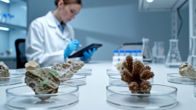 Scientist examining mineral samples in petri dishes in laboratory