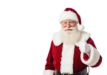 Happy elderly santa claus in a red suit smiling with a thumbs-up gesture against a transparent background with copy space, christmas holiday approval concept
