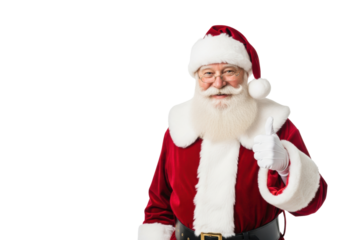 Happy elderly santa claus in a red suit smiling with a thumbs-up gesture against a transparent background with copy space, christmas holiday approval concept