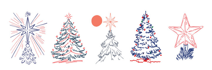 Fototapeta na wymiar Christmas tree doodle set of hand-drawn festive holiday illustrations