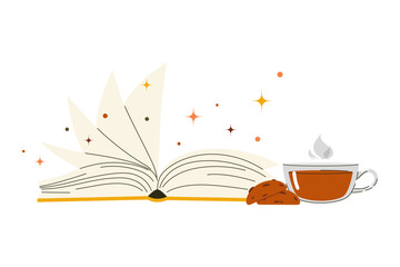 Opened book near cup of tea and cookies. Vector illustration