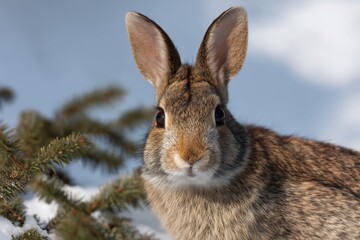 Obraz premium Close-up portrait of a wild eastern cottontail rabbit in the snow. Cute brown bunny looking at the camera during winter. Wildlife animal in its natural habitat