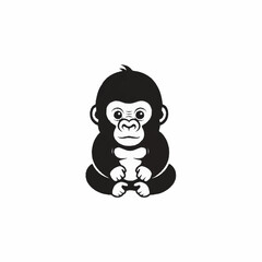 Cute Baby Gorilla Sitting Down Black and White Illustration.