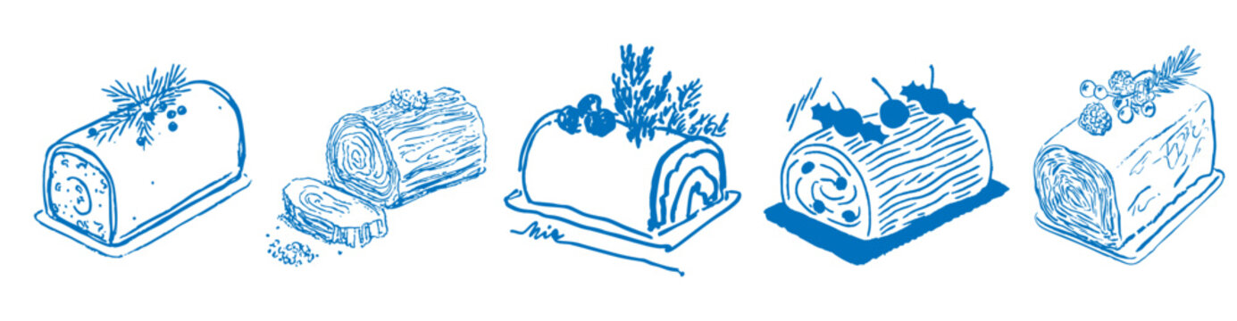Christmas yule log dessert doodle set of hand-drawn festive holiday illustrations