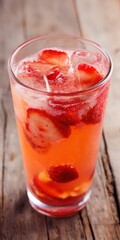 Refreshing strawberry drink with ice cubes on rustic wood