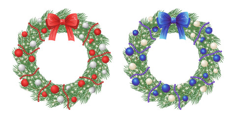 Set of Christmas pine wreath with bow and ornaments. Vector illustration