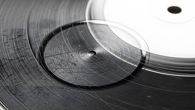 Close-Up of Vintage Scratched Black Vinyl Record Surface perfect for music blog header, album art background, retro event promotion, website banner, social