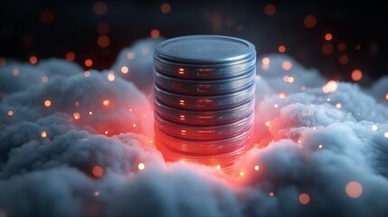 Secure cloud data storage solution with glowing server stack and ethereal clouds, representing cutting-edge technology and reliable digital infrastructure