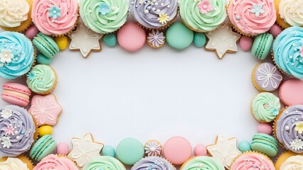 Pastel Sweets & Cupcakes Frame on White Background perfect for website banner, social media post, greeting card, invitation design, recipe blog, menu background