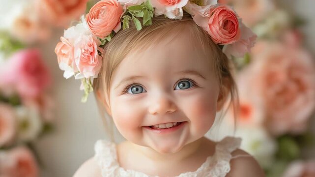 close up happy cute baby girl with flower crown smile to camera with innocent eyes