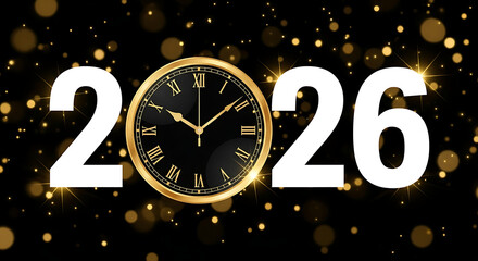 Golden bokeh lights illuminate a festive countdown to the New Year 2026, marking the arrival of a hopeful future with a classic clock design
