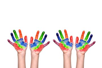 Four Colorful Painted Hands of Children Isolated on White Background