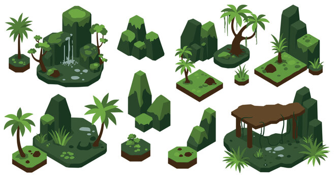 Isometric jungle elements with tropical plants and rocks for game design