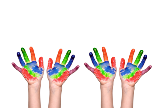 Four Colorful Painted Hands of Children Isolated on White Background