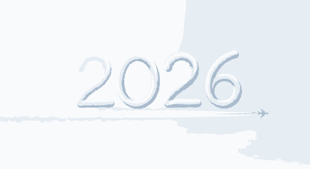 Dreamy 2026 travel plans with airplane creating contrail cloud numbers