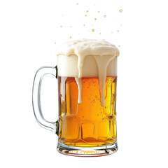 Fresh golden beer in a traditional glass mug with overflowing foam and bubbles, isolated on transparent background