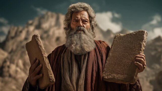 Moses holding the ten commandments at wasteland